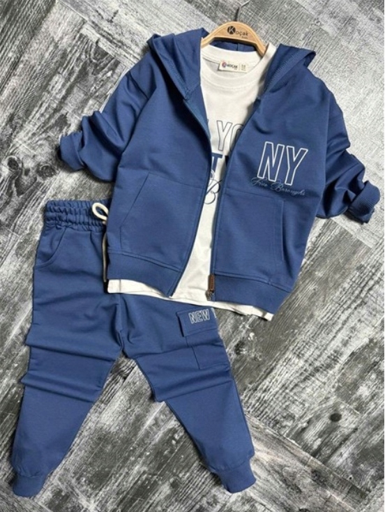 Dres chłopięcy komplet 3 cz. bluza t-shirt spodnie niebieski r 7-8 l. 128