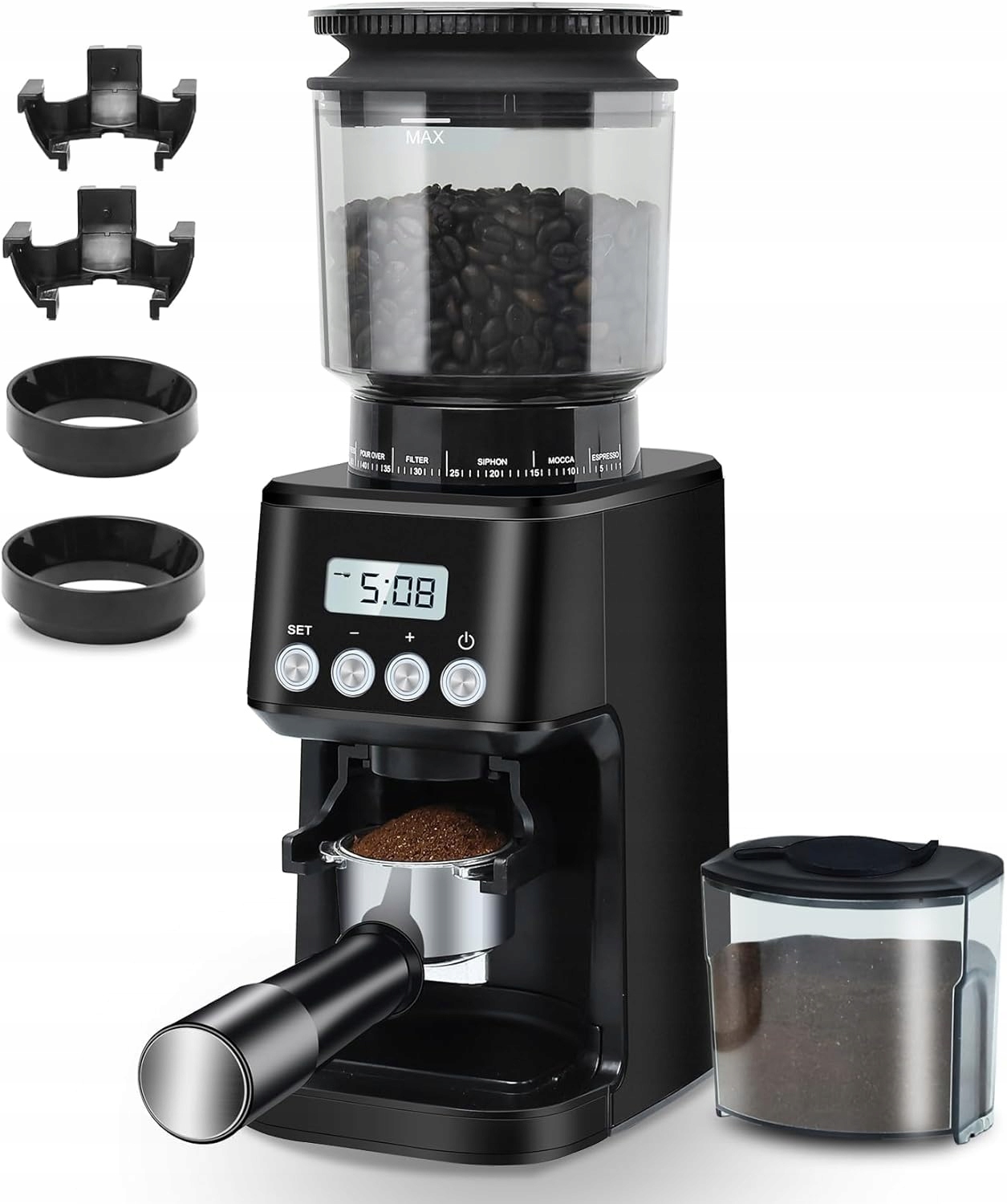 Mlynček na kávu Homtone kužeľový 51 nastavení Espresso Antistatický čierny