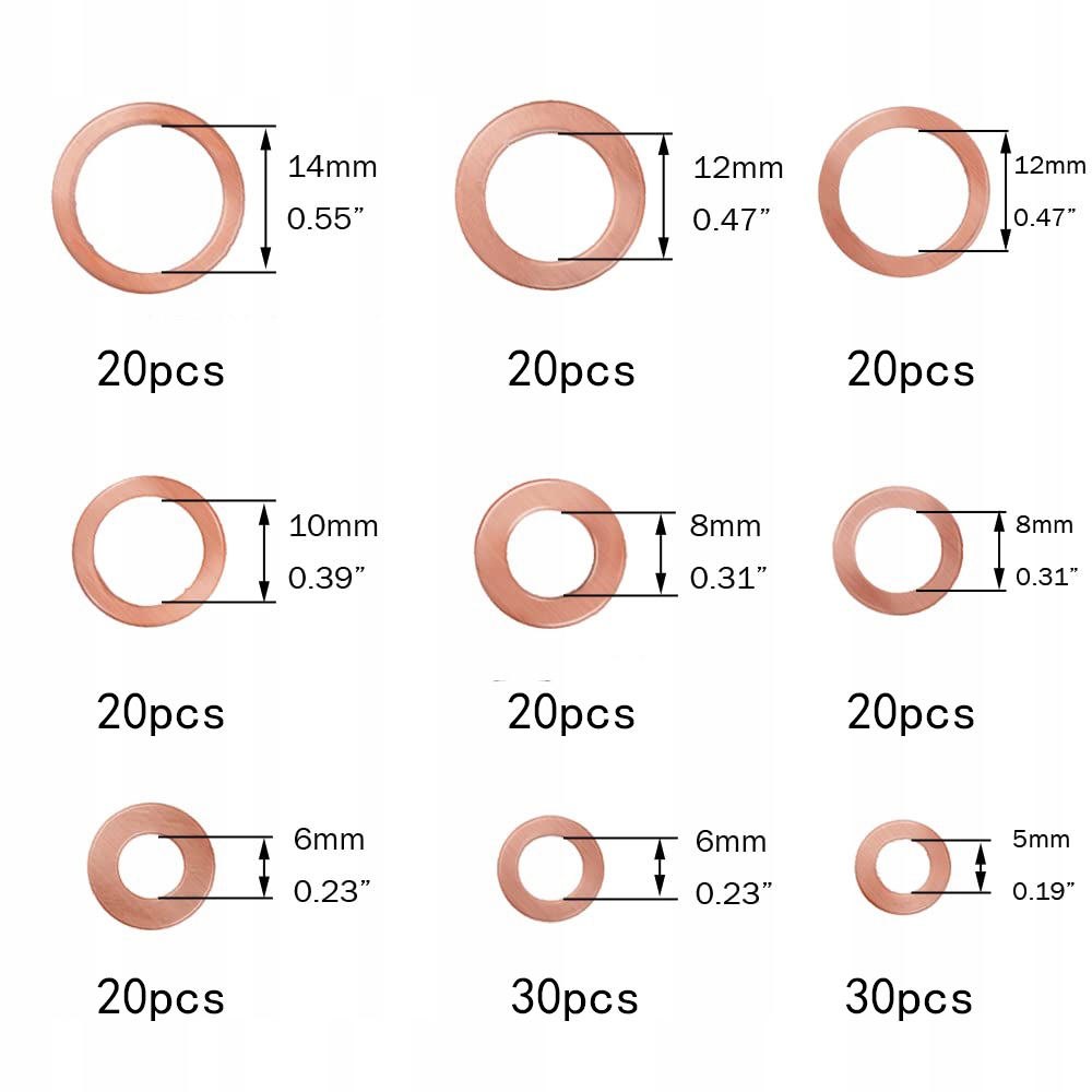Zestaw uszczelek miedzianychM5-M14 200pcsMiedziana uszczelka olejowaO-ringi Waga produktu z opakowaniem jednostkowym 0.24 kg