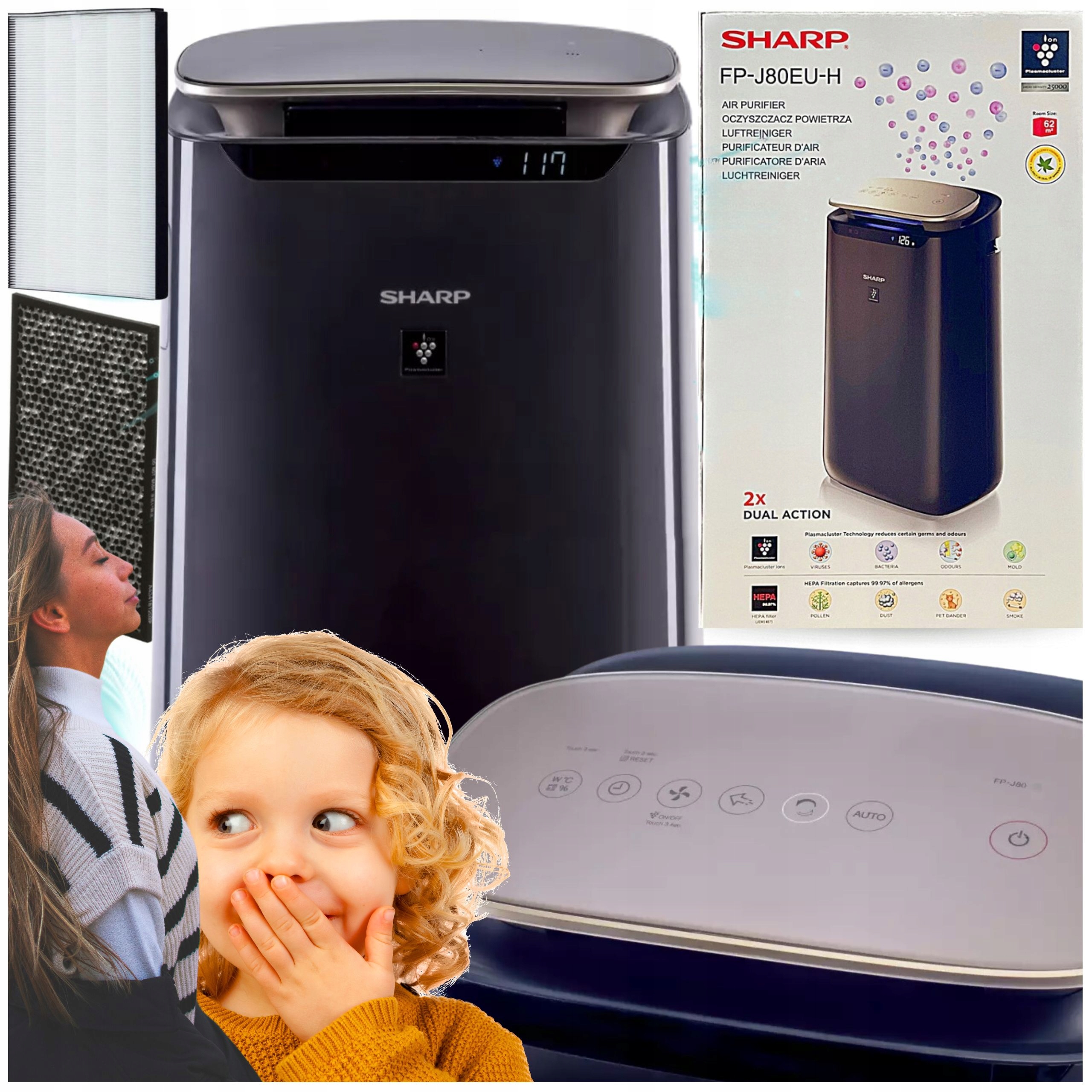 Sharp Čistička vzduchu s ionizací FP-J80EUH pro alergiky 2v1 Hepa XL