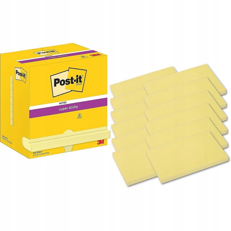Karteczki Post-it Sticky 76x127mm (655-12SSCY) żółte (12x90)