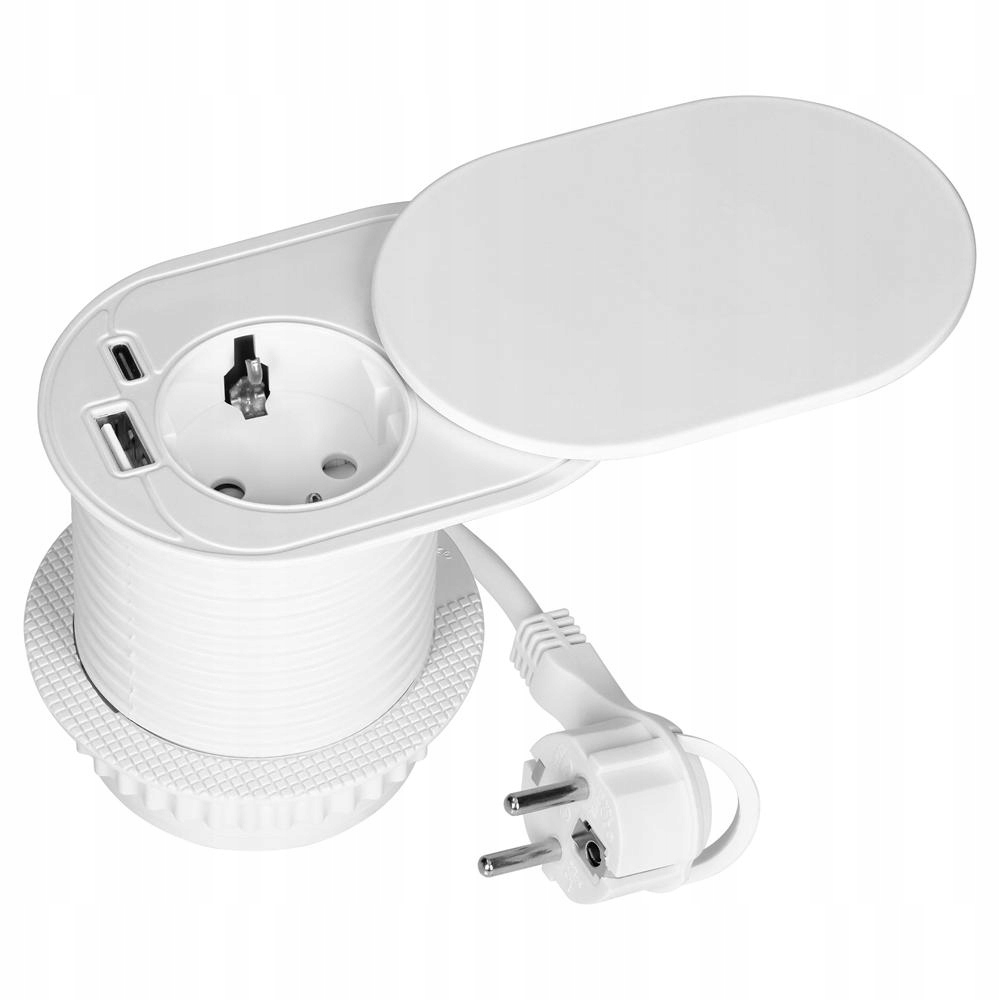 Gniazdo meblowe Ø6cm, 1,9m, 1x2P+Z (Schuko), 2xUSB (typ A+c; PD20W), białe