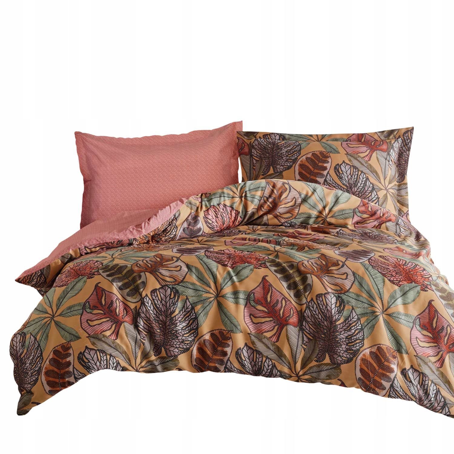 Posteľná Bielizeň bavlnená saténová Greta 200x220 béžová červená s farebnými listami