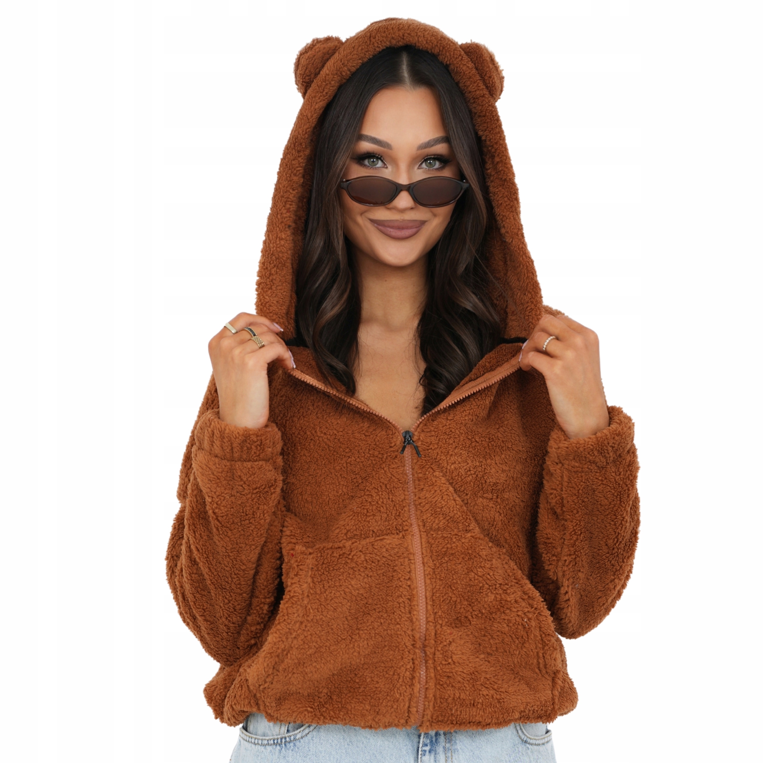 Rozpinana Bluza Damska Luźna Z Kapturem Uszka Plusz Teddy cynamon Xs S