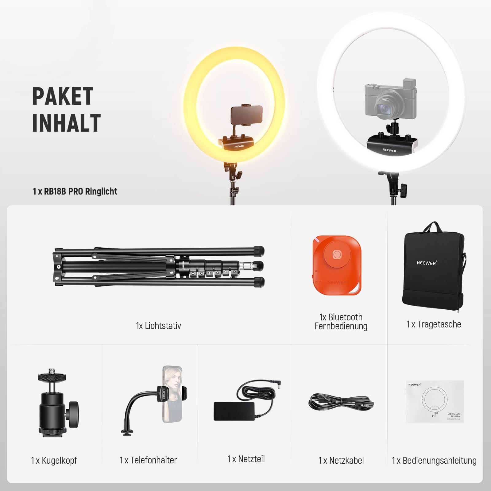 NEEWER Profesjonalne Ring Light 18" 45W Stojak Uchwyt Telefonu Aplikacja — miniatura 9