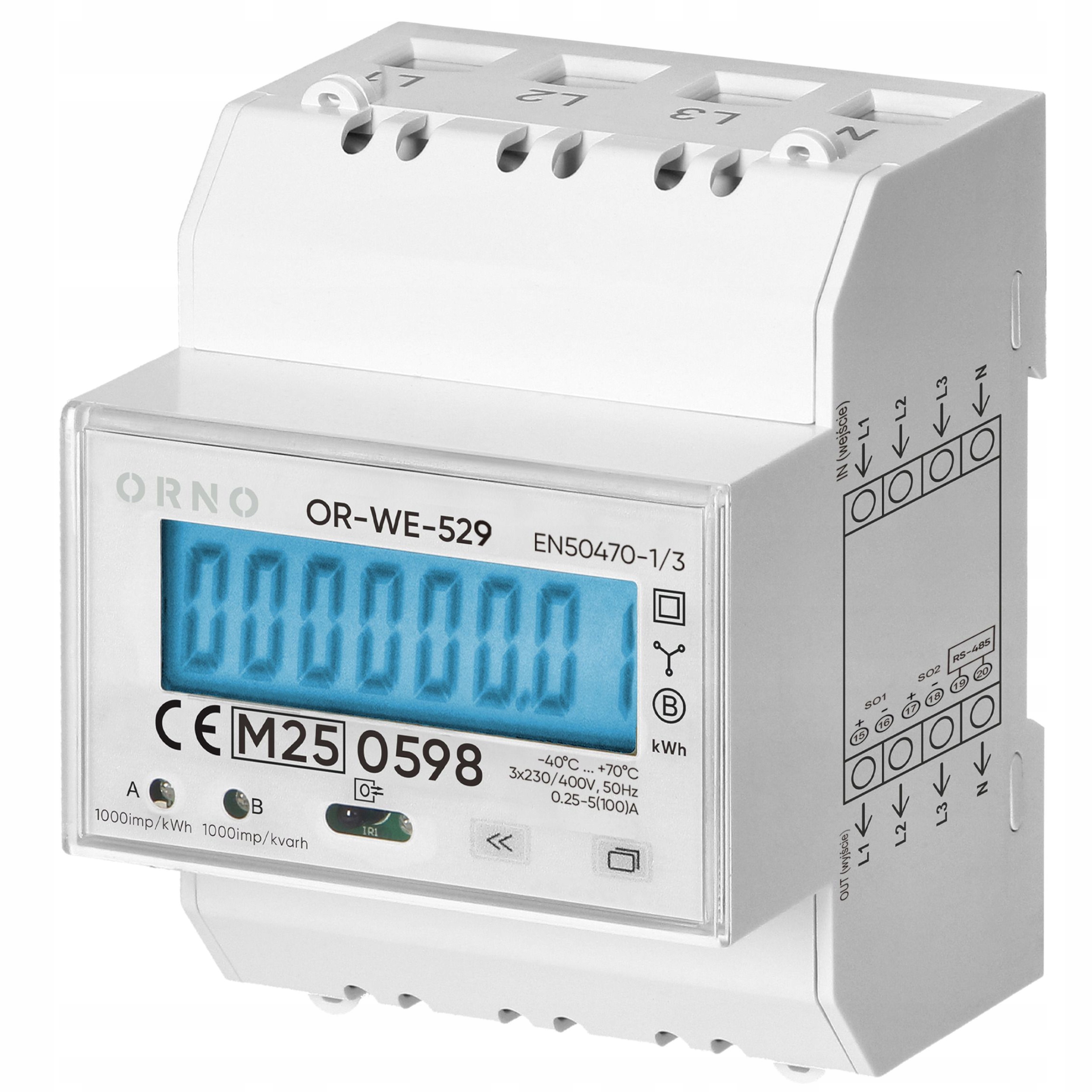 3 fázový obojsmerný merač energie 100A MID 4 moduly Modbus RS-485 Orno