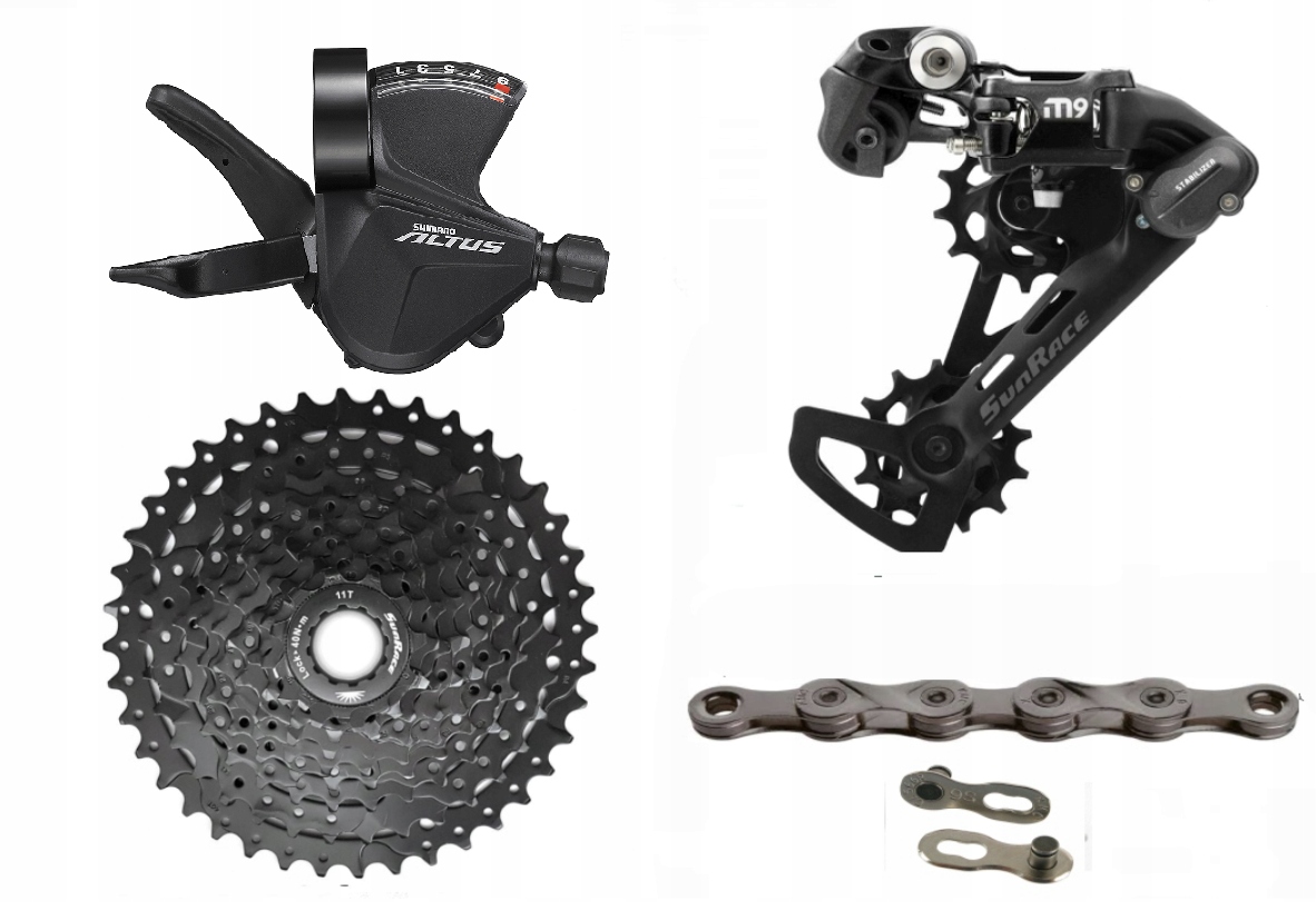 Napęd Sunrace 1x9 przerzutka kaseta łańcuch manetk