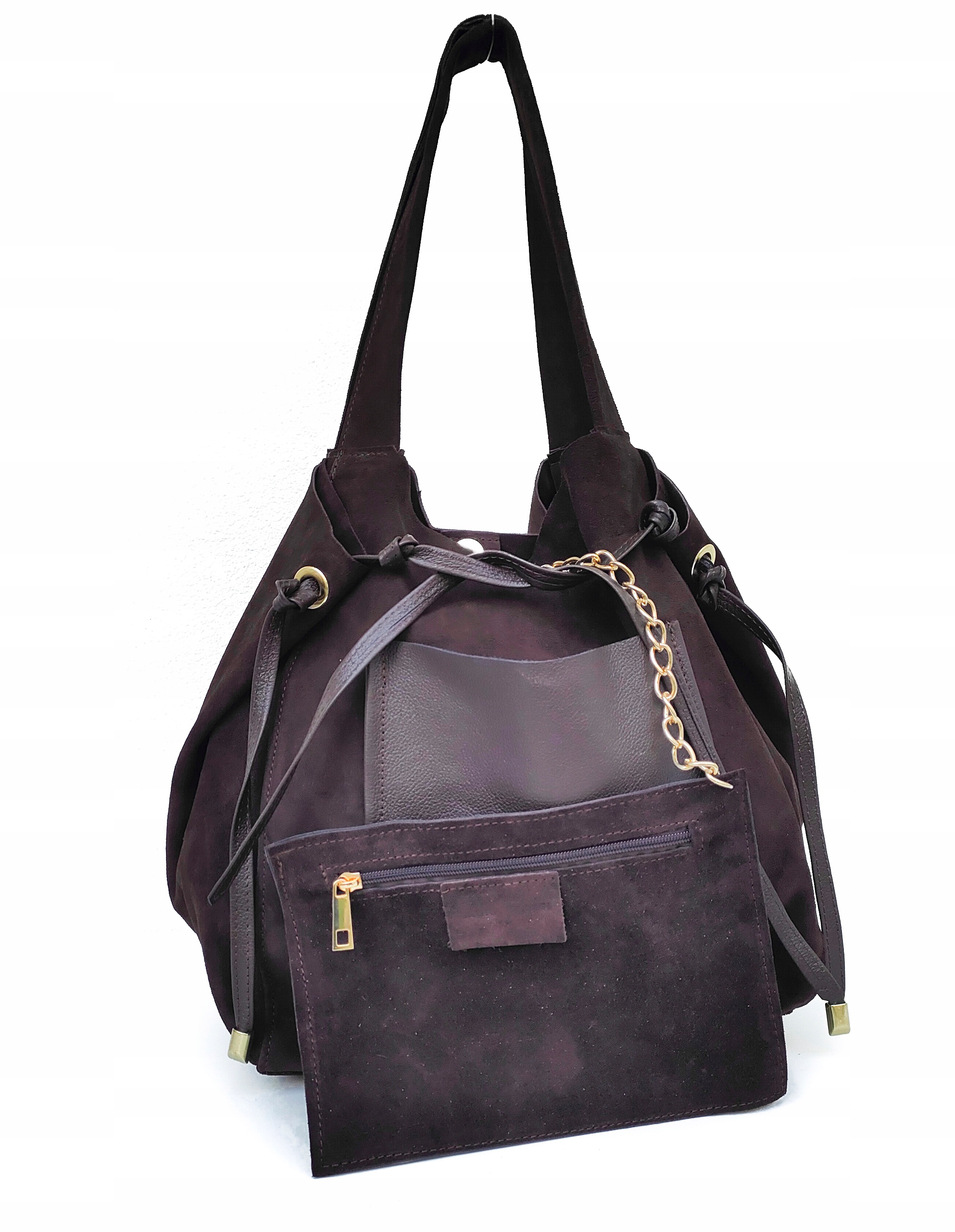 Čokoládová semišová shopper kabelka z přírodní kůže, hnědá