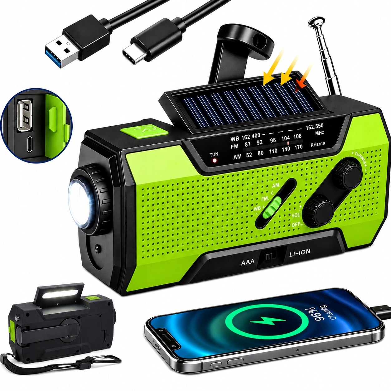 Solární Přenosné Rádio Korbka Alarm Dynamo Nouzová Svítilna Powerbank 3v1