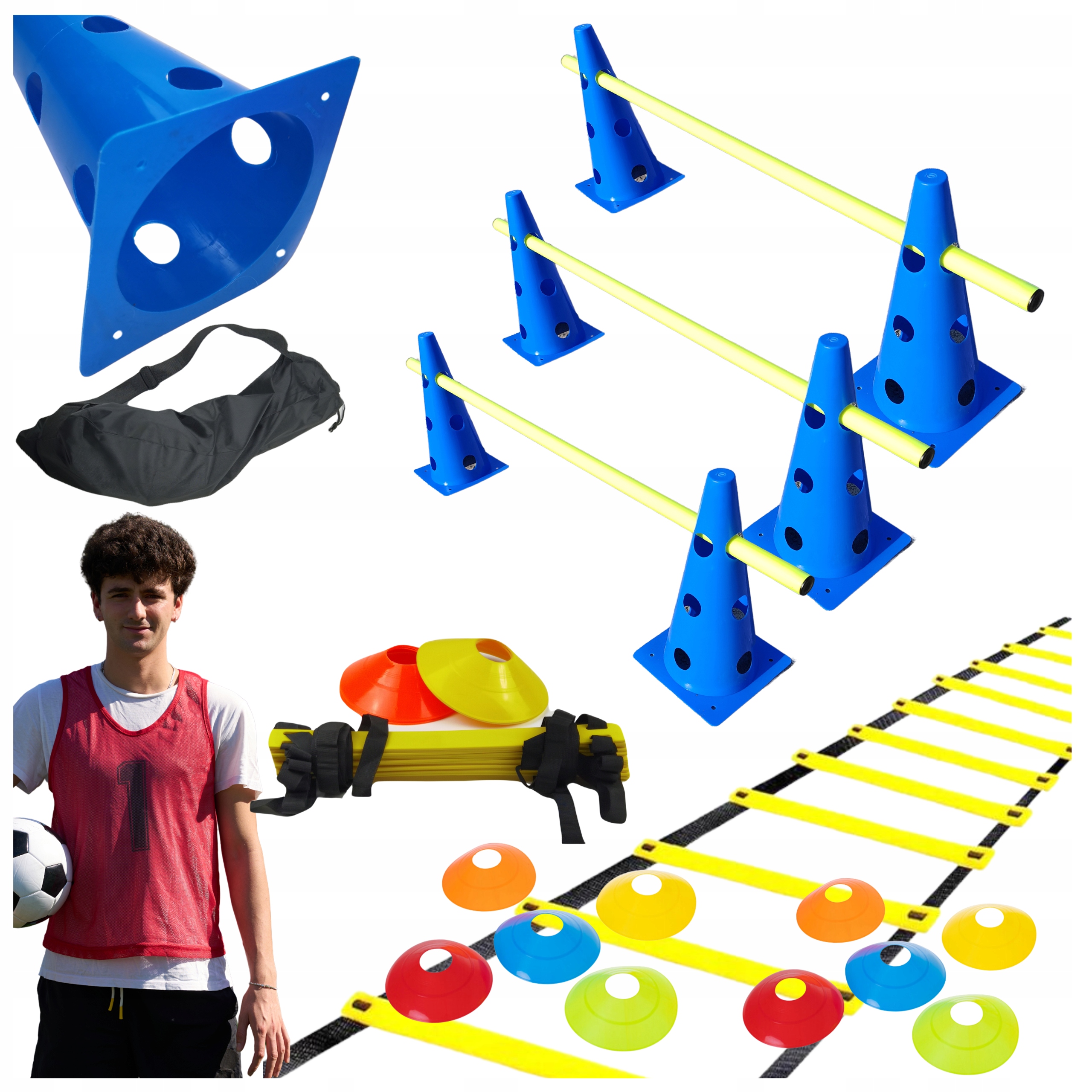 21w1 Zestaw agility drabinka 6m 12 szczebli pachołki 23 cm tyczki 1m