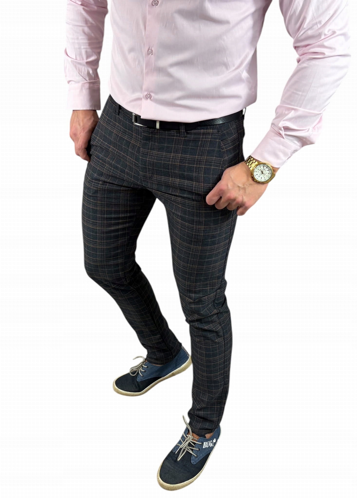 Návštěvní kalhoty slim, tmavě modré s hnědou kostkou VP26 W35