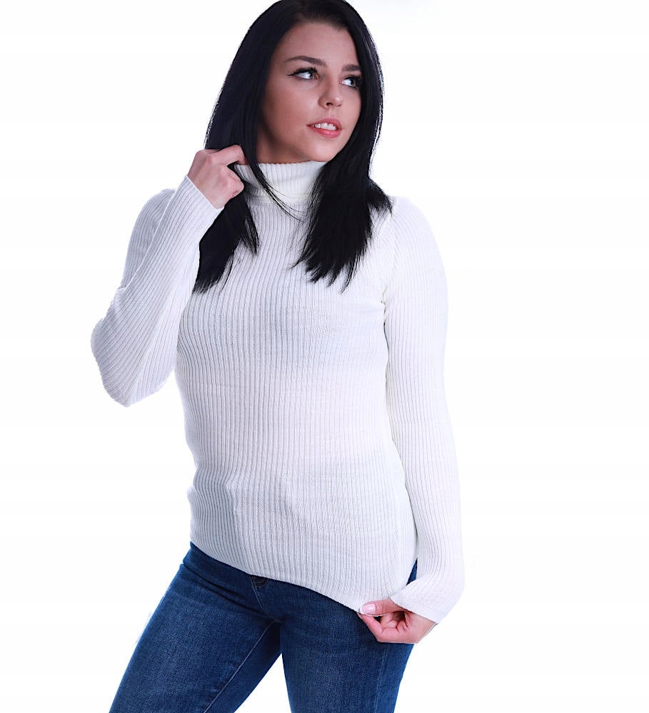 Modny DOPASOWANY GOLF DAMSKI SWETER bluzka ECRU UB504 Odcień ecru