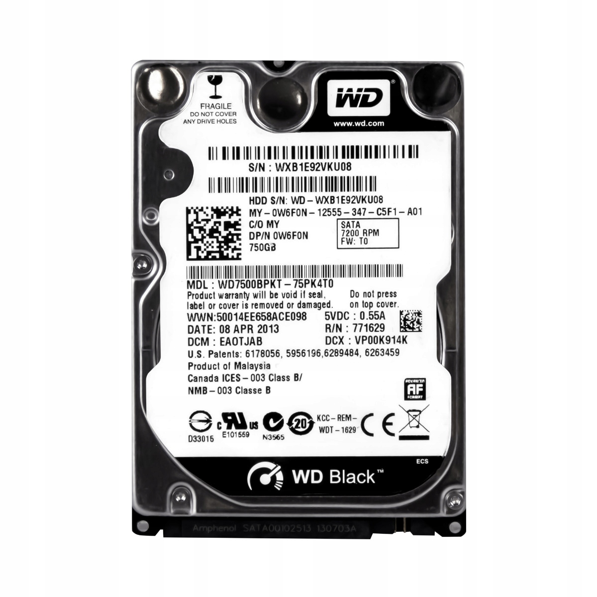Dell 0W6F0N 750GB 7.2K Sata II 2.5'' WD7500BPKT