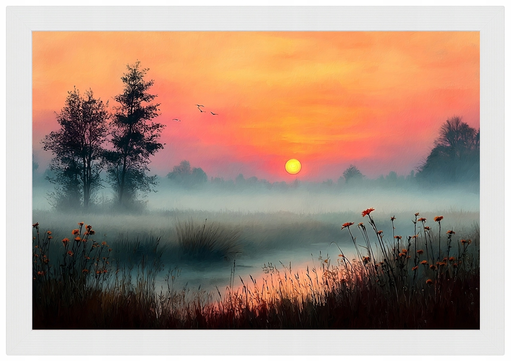 Rám Rámeček Plakát Dřevo Východ Slunce Jezero Mlha Příroda Květiny 60x40
