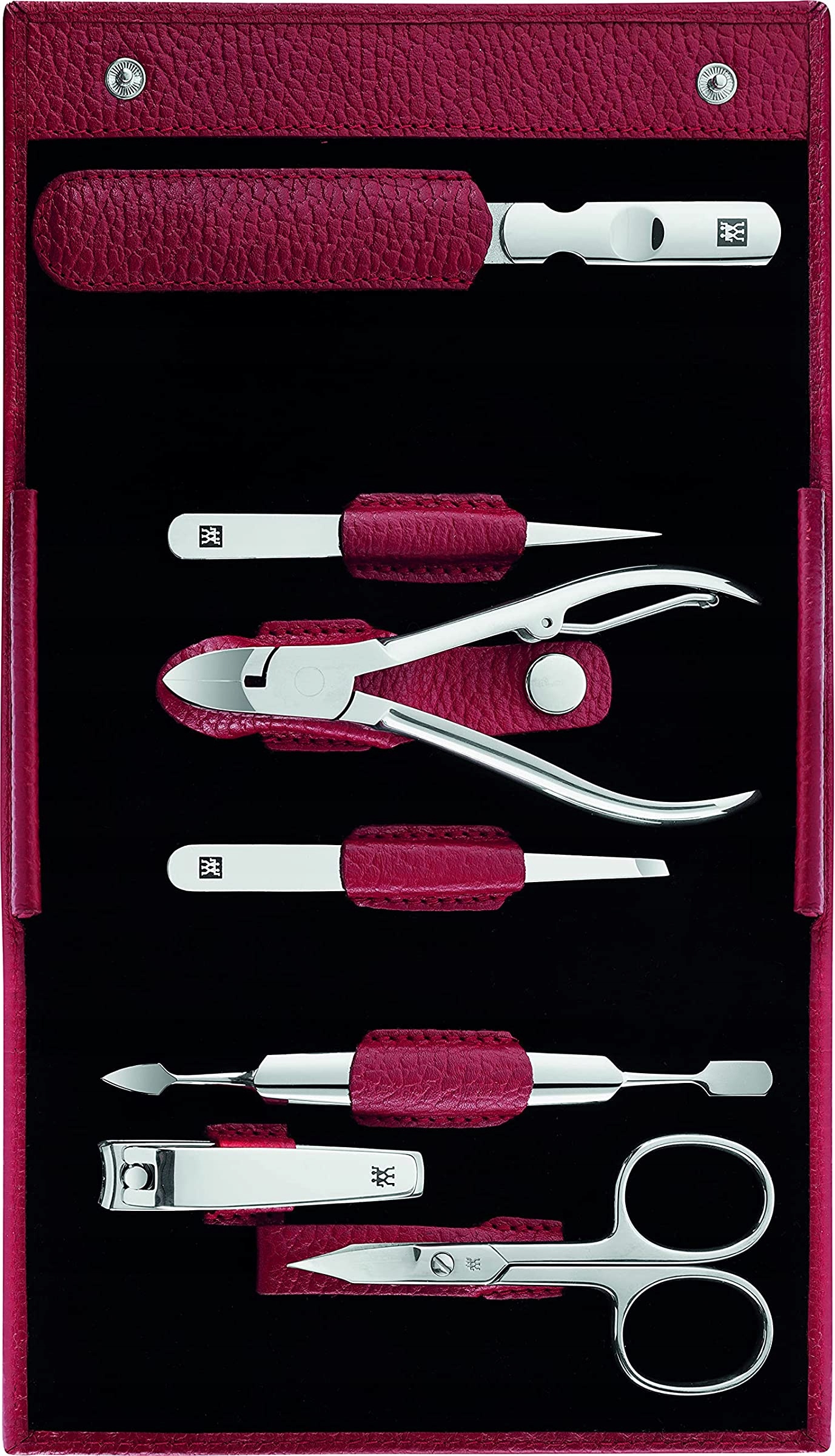 Przybornik do manicure Zwilling srebrny 7 elementów etui skóra czerwona
