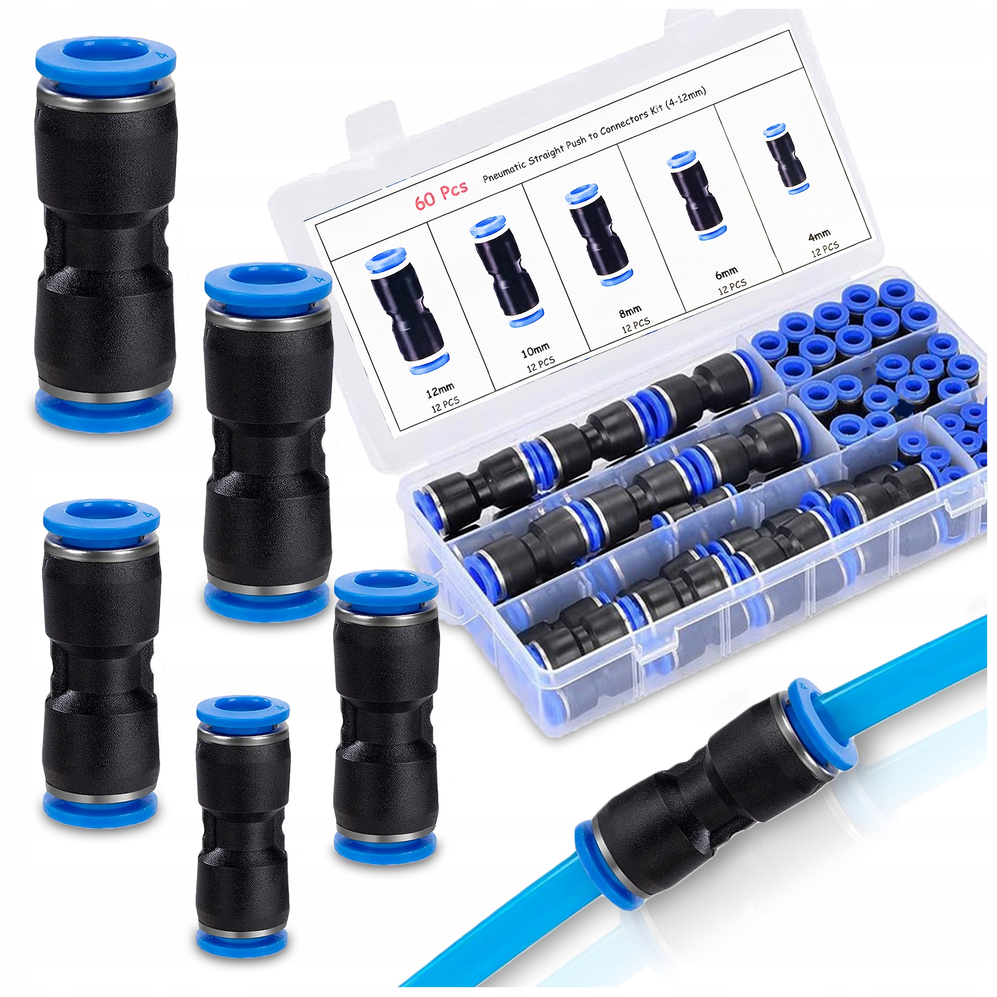 60SZT Szybkozłączka Zestaw Złączka Pneumatyczna Prosta Wtykowa Tir 4-12mm