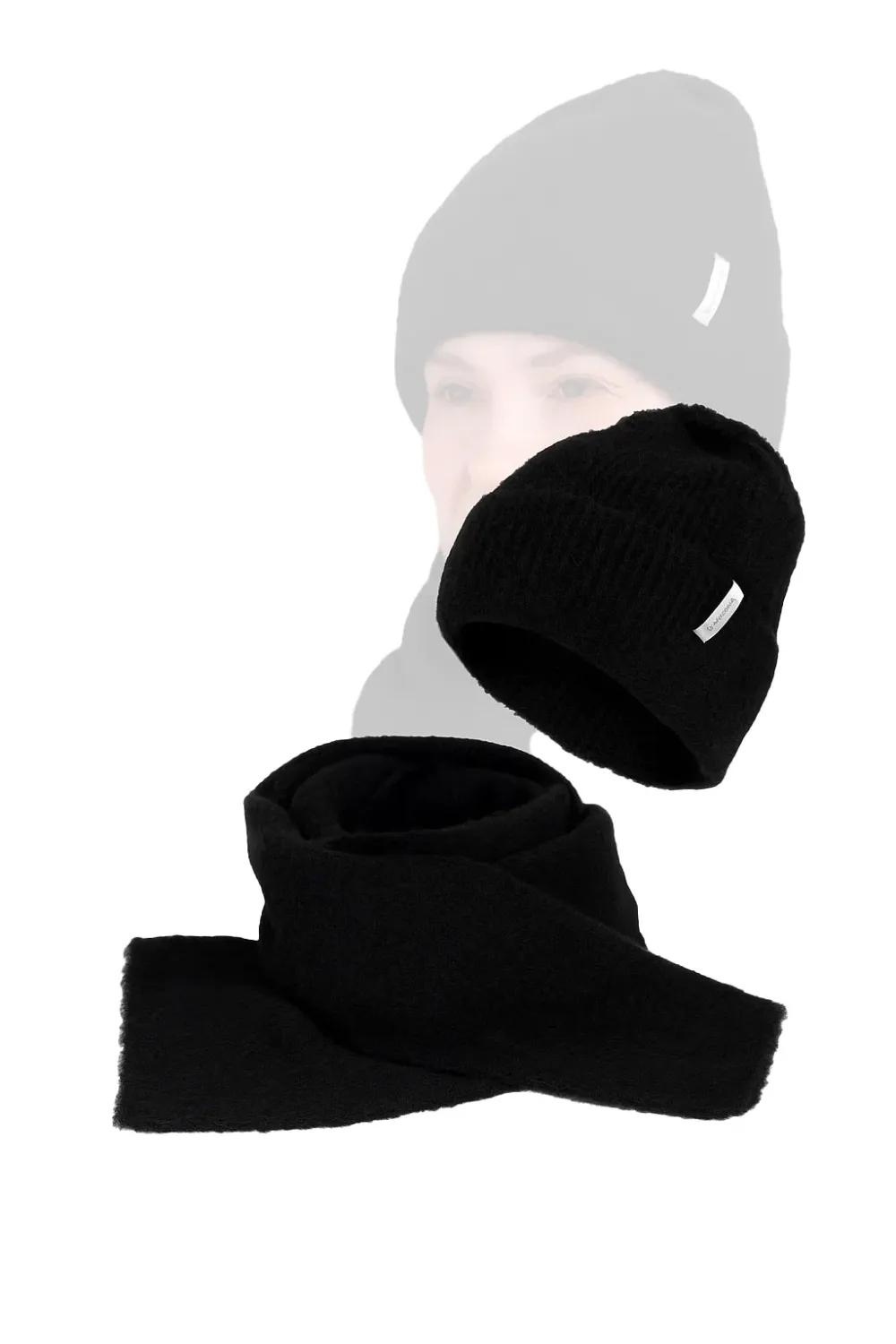 W476D Klasická černá pletená sada Čepice a šály Polar Fashion