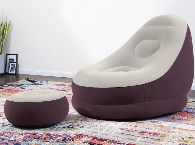 FOTEL DMUCHANY PUFA + PODNÓŻEK Welurowy Zestaw Wypoczynkowy Bestway 75053 Kolor dominujący bordowy