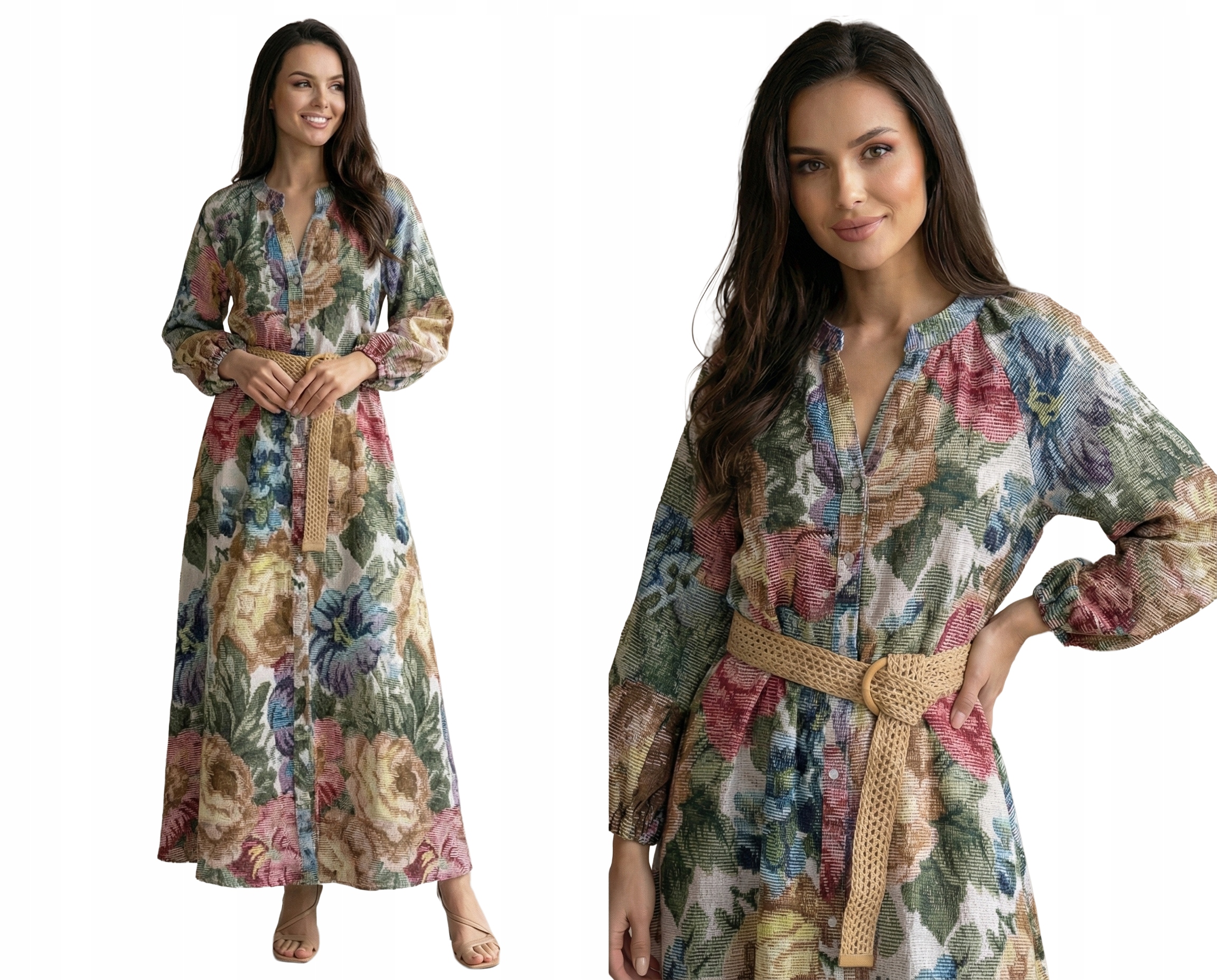 Šaty Maxi Elegantní S Květinami Boho, Dlouhé, Vzdušné, Prémiové, Béžové