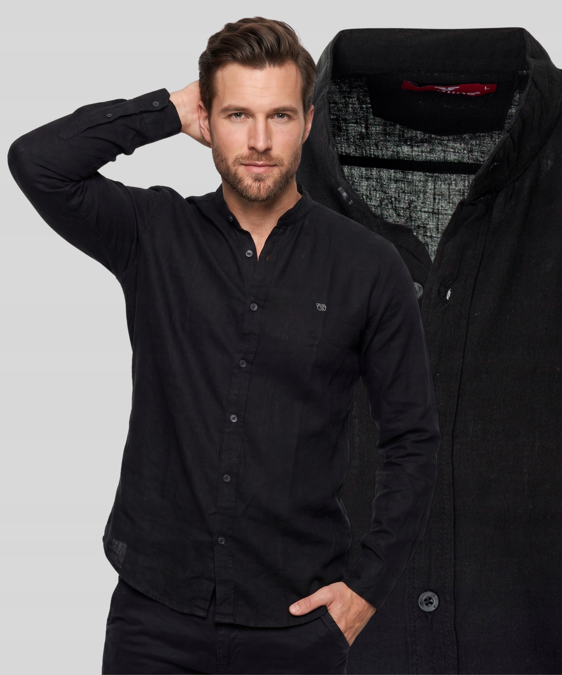 koszula męska Lniana Len+bawełna Stójka Na Stójce Czarna Przewiewna R. XXL