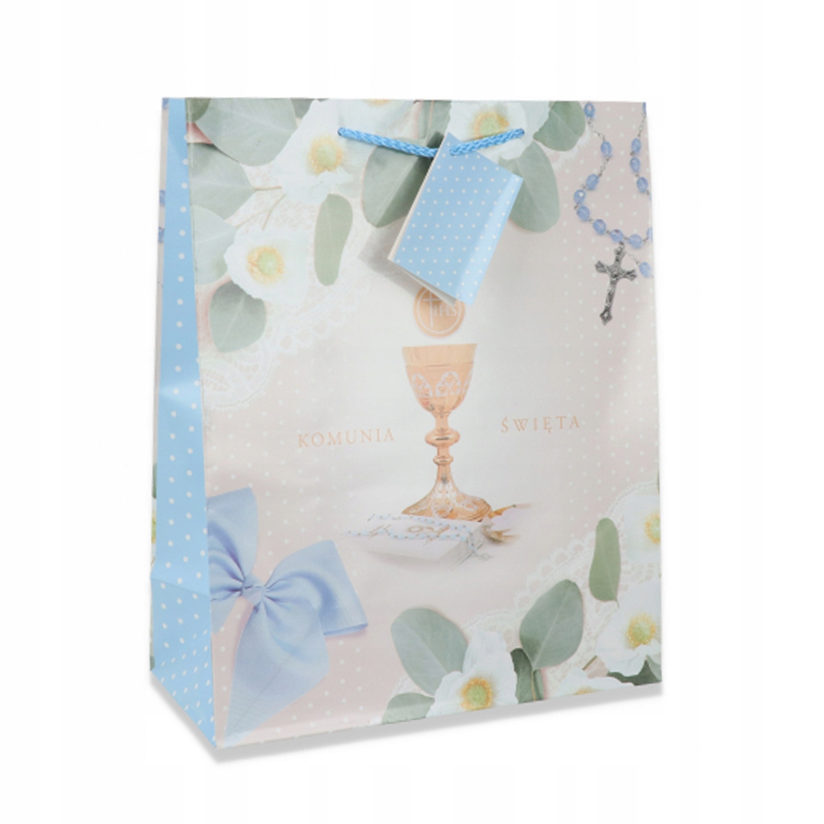 TOREBKA PREZENTOWA KOMUNIA KWIATY BŁĘKIT 23x18cm