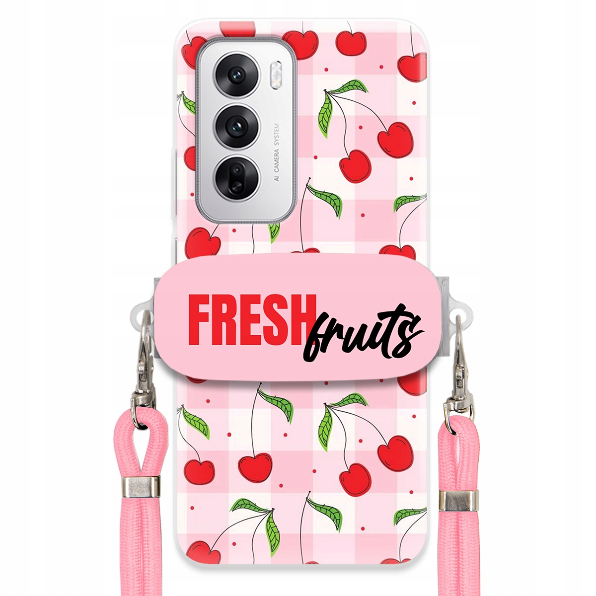 Puzdro pre Oppo Reno 12 5G Case držiak na šnúrku Ružový Fresh Fruits Mriežka