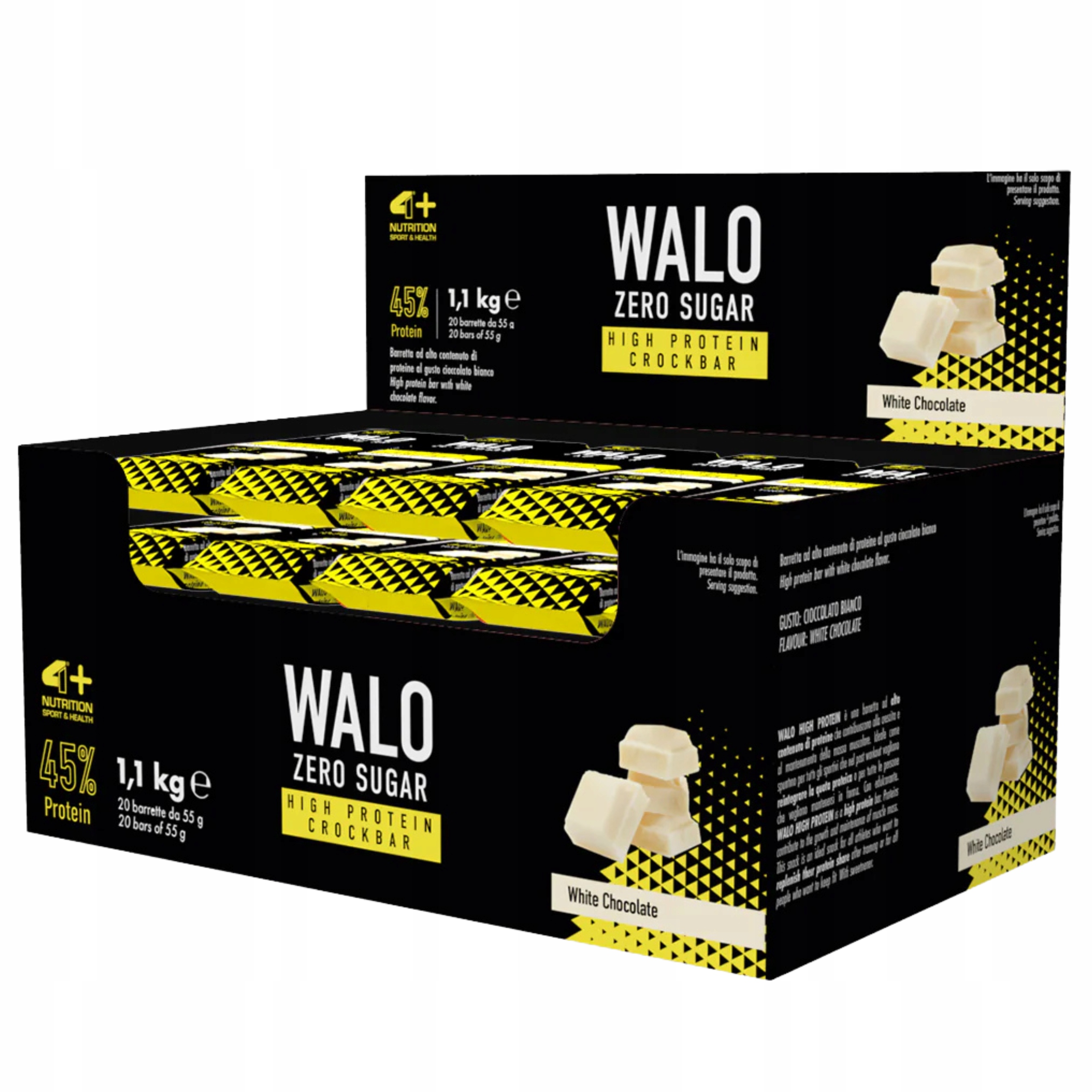 Proteinová Tyčinka 45% proteinu Walo Zero cukru 25 g Bílkoviny 20x55 g 4+ Nutrition