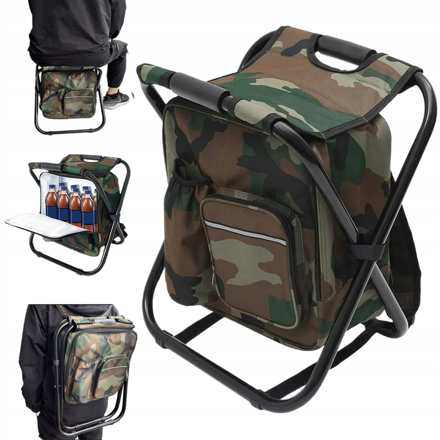 Składane Camo Fotel Wędkarski 2W1 Krzesło Rybackie Plecak Z Torbą Termiczną
