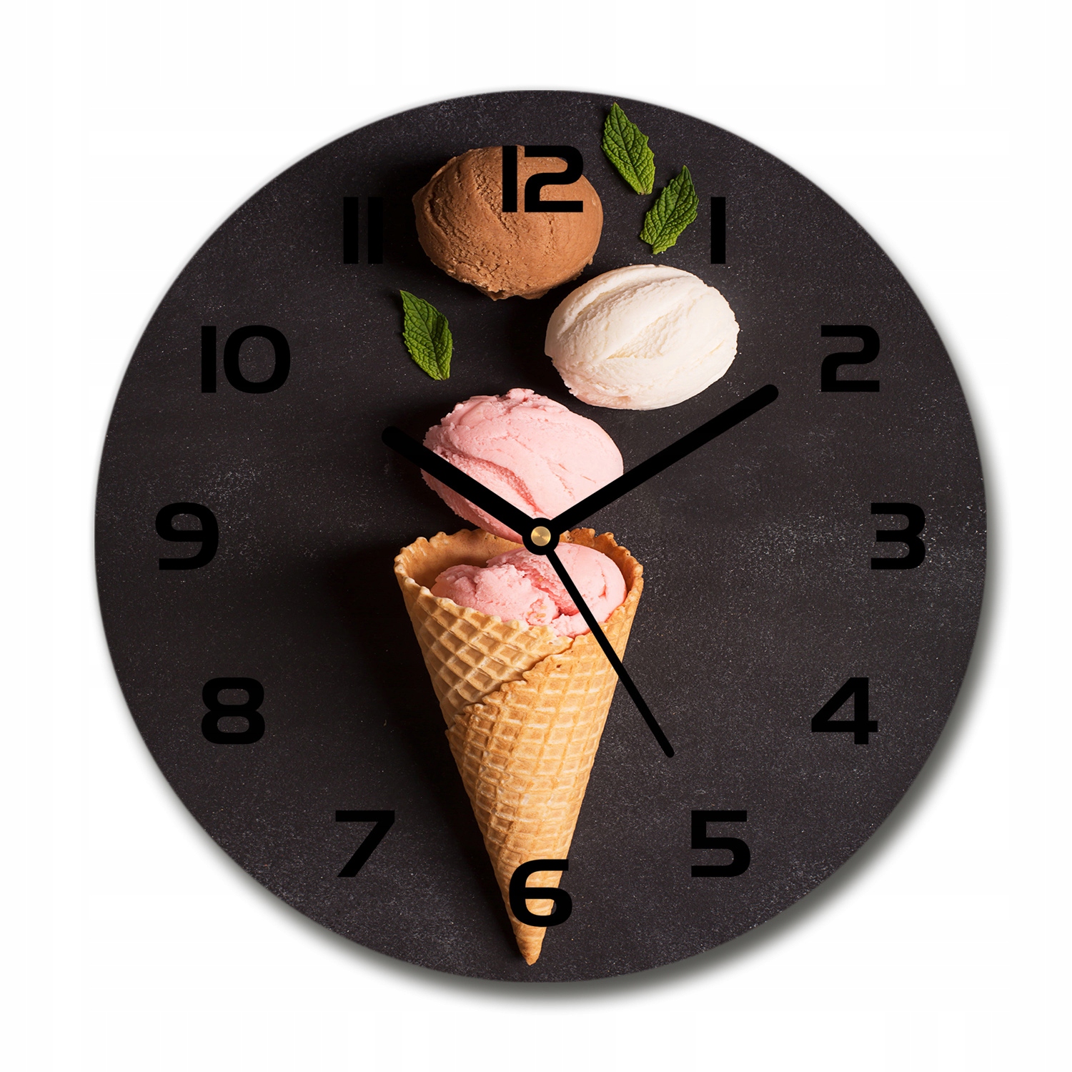 

Okrągły cichy szklany zegar Lody w waflu fi 30 cm