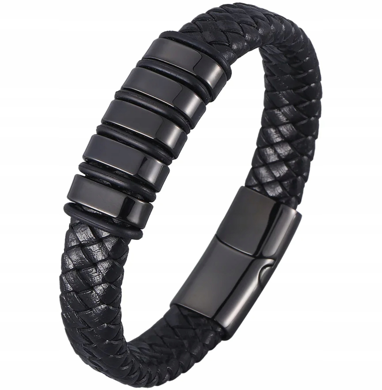 Kožený náramek z oceli, černý, pletený, Ocel 316 l, pevné zapínání