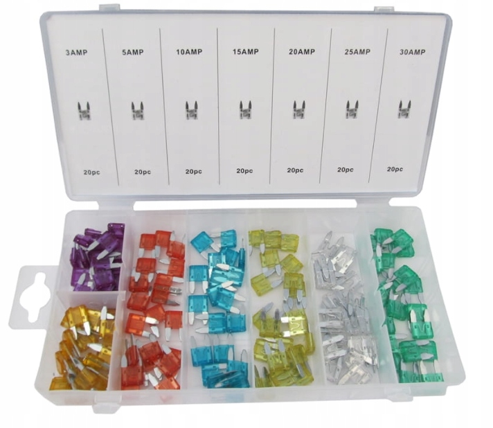 ZESTAW MINI BEZPIECZNIKI SAMOCHODOWE 3A-30A 140szt