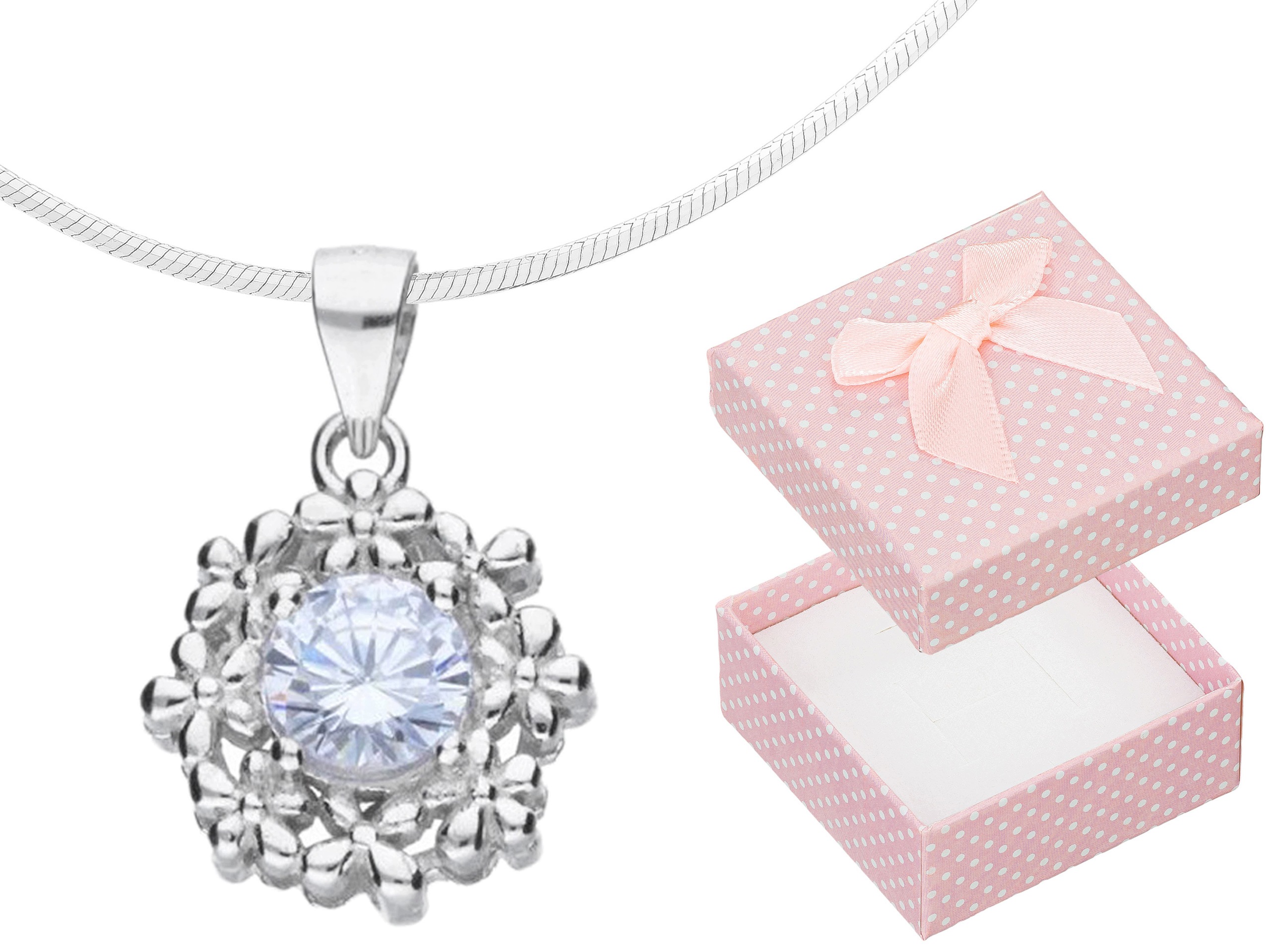 Krátký stříbrný dámský náhrdelník s květinami a zirkonem Malé kolečko Choker 40