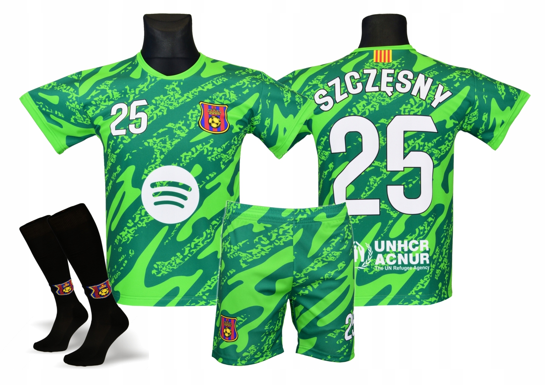 Szczęsny Barcelona strój piłkarski koszulka spodenki getry Zielony r. 158