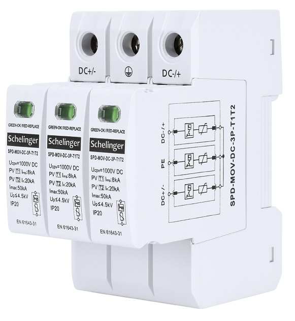 Omezovač přepětí 3P 8kA DC 1000V třídy T1T2 Schelinger 0598