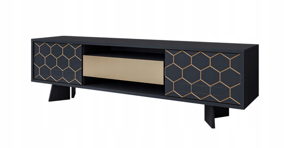 Televízna skrinka pod televízor Heksagon 140, stojaca, čierna, zlatá