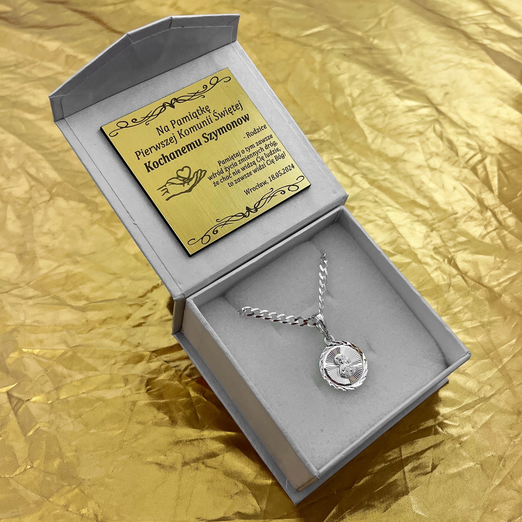 SREBRNY ŁAŃCUSZEK PANCERKA + MEDALIK MATKA BOSKA 925 + GRAWER NA KOMUNIĘ Marka Golden Celebrity