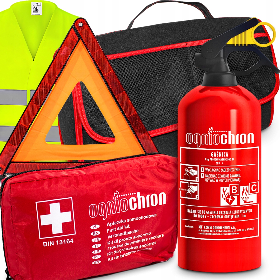 Agmi Sada Hasicí Přístroj 1 Kg Lékárnička DIN13164 Trojúhelníková Vesta Taška Do Auta