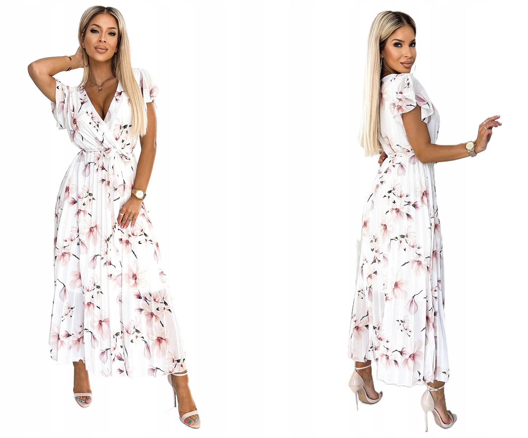 Dlouhá Plisovaná Sukně, Bílá, Zavazování V Pase, Velký Výstřih S Krásnými Květy