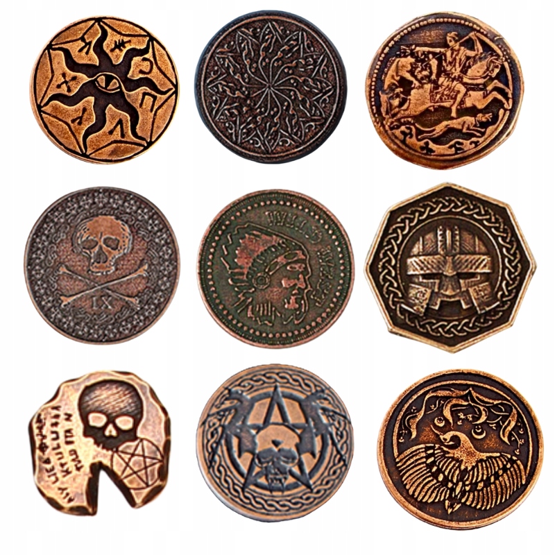 ZESTAW 9 MIEDZIANYCH METALOWYCH MONET - MIX LARP RPG