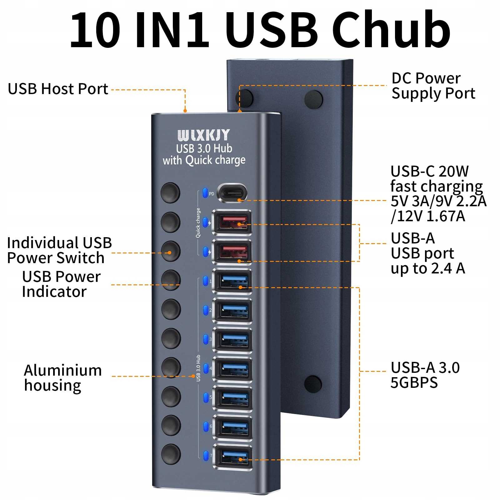 WLXKJY Aktywny USB Hub 72W 10 Portów Aluminiowa Obudowa Szybkie Ładowanie — miniatura 4