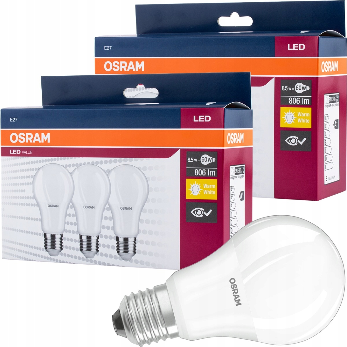 6x Żarówka LED A60 E27 8,5W 60W 806lm 2700K OSRAM