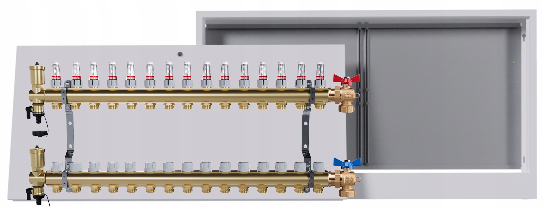 Mosazný rozdělovač podlahy 15 okruhů nástěnná skříňka Kulový Kohout