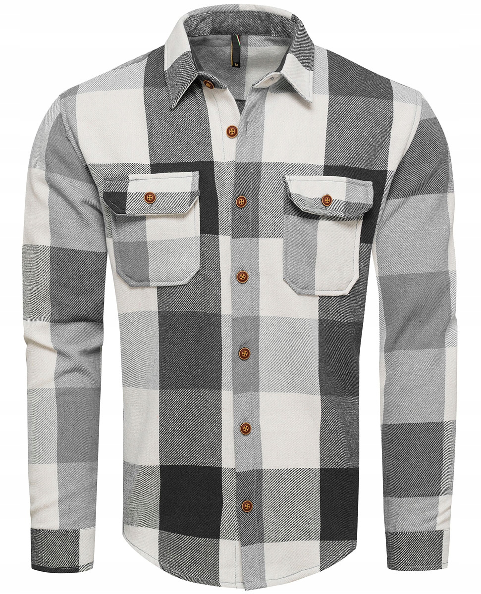 Koszula Flanelowa Męska w Kratę Na Guziki Kieszenie Czarno-Biała M