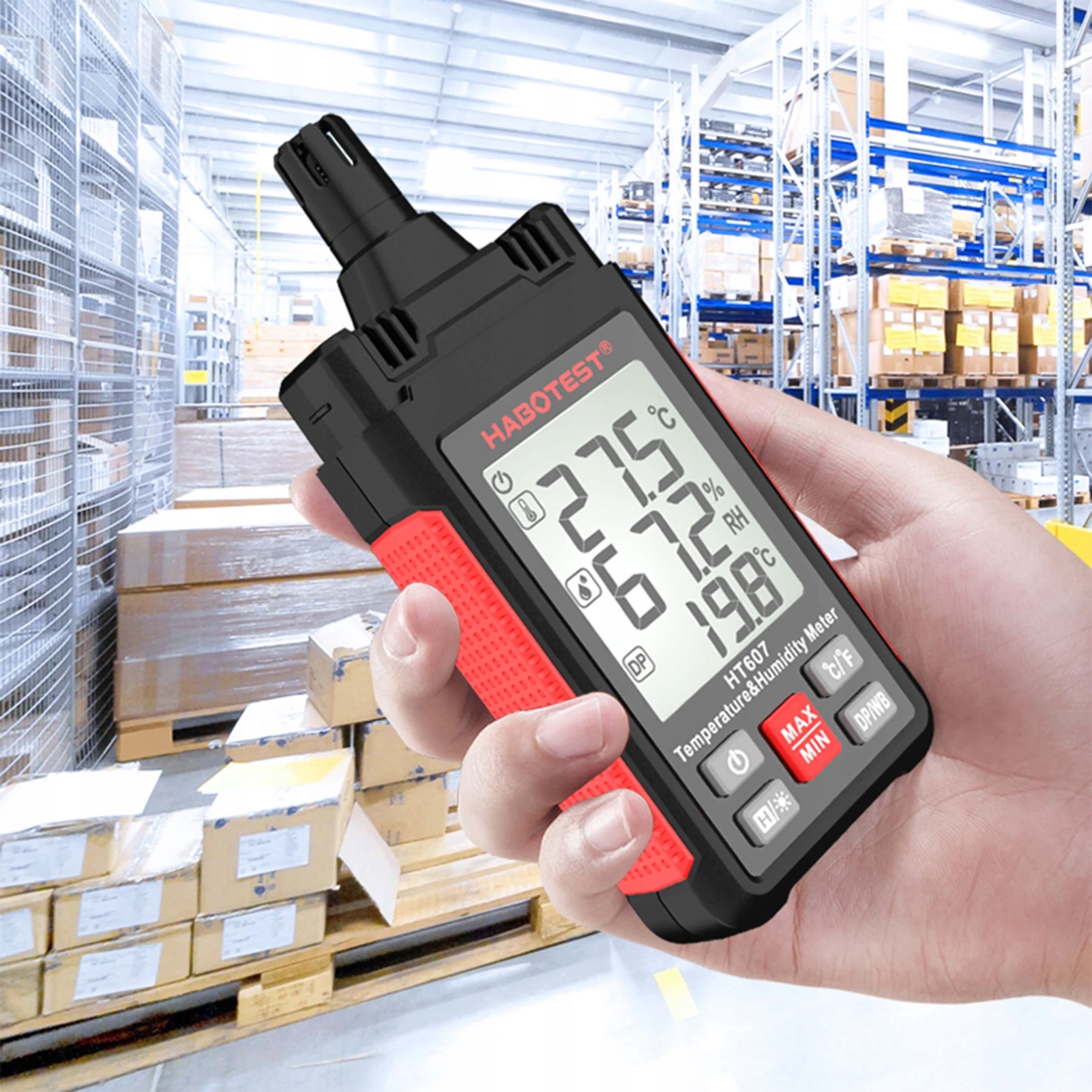 TERMO-HIGROMETR WILGOTNOŚCIOMIERZ MIERNIK WILGOTNOŚCI TEMPERATURY ROSY LCD Informacje o bezpieczeństwie CE