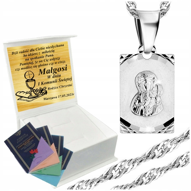 Łańcuszek Srebrny Medalik Naszyjnik 925 Na Komunię Chrzest UPOMINEK GRATIS