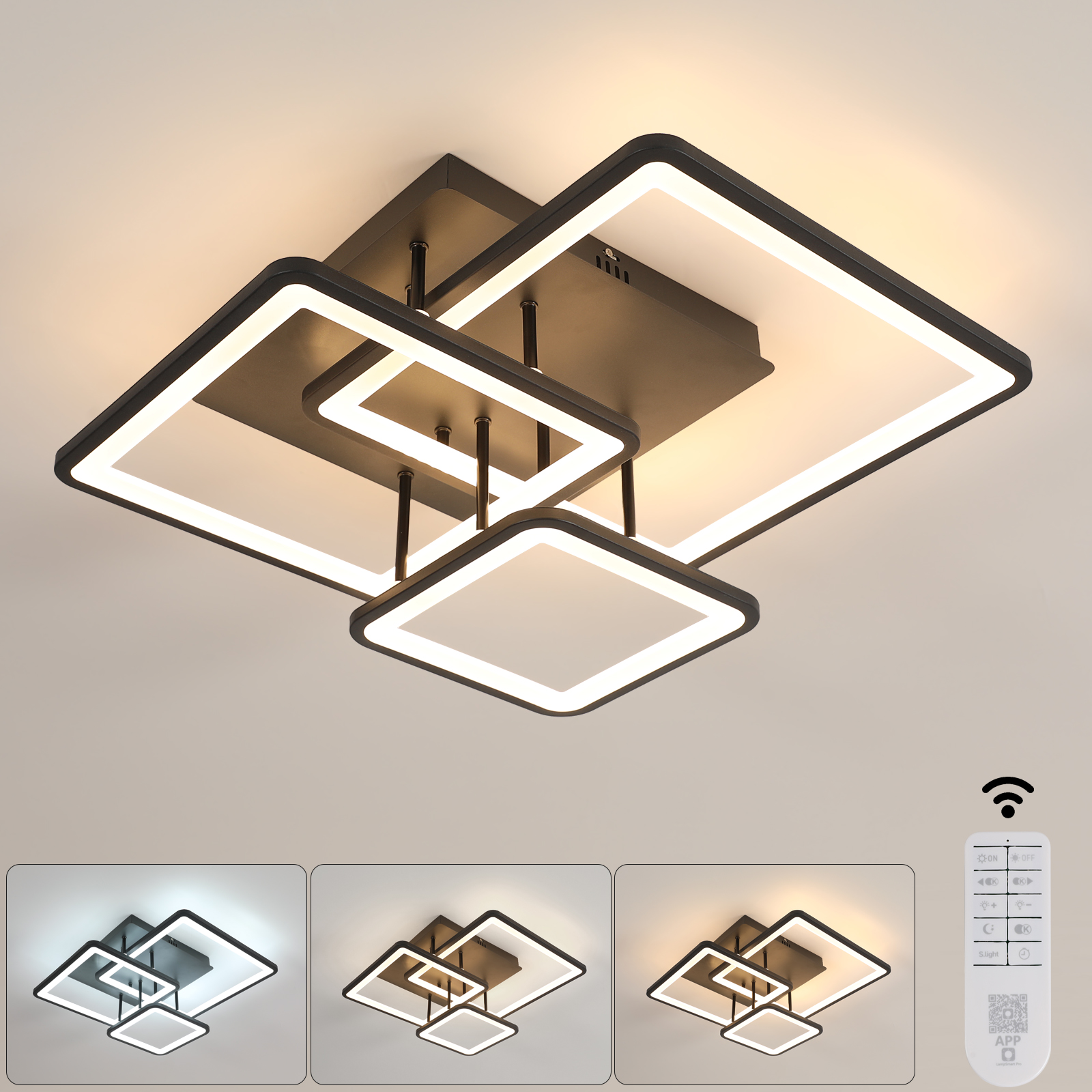 Lampa Sufitowa Led Żyrandol Czarny Z Pilotem Kwadratowy Nowoczesny 39W
