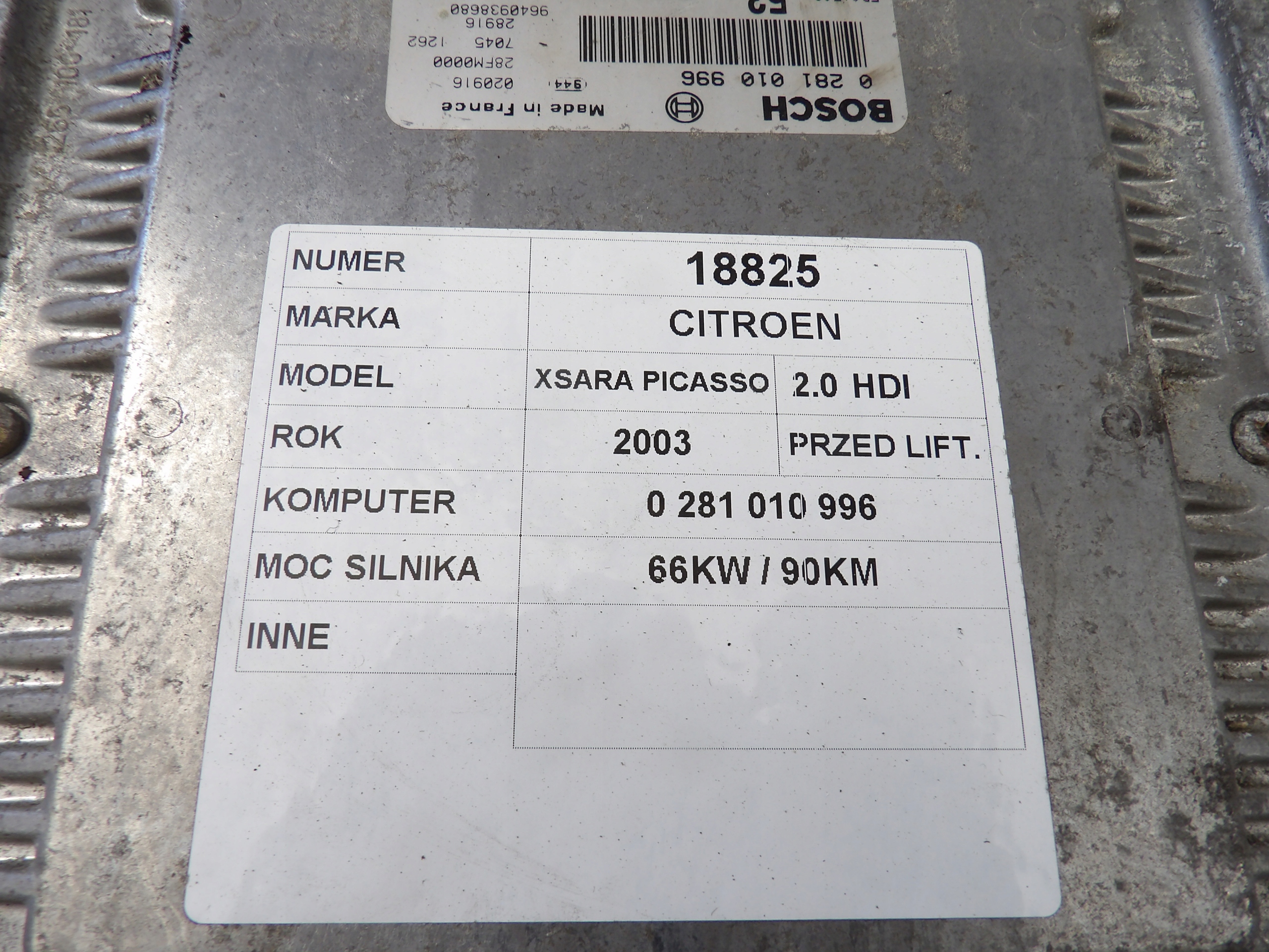 Citroen Xsara Picasso computer, control unit 0281010996 9646774280