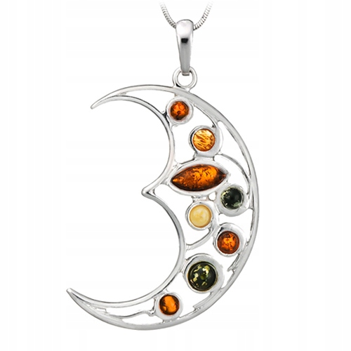 Přívěsek Měsíc ze stříbra 925 s přírodním Jantarem Baltyk stříbrný Přívěsek