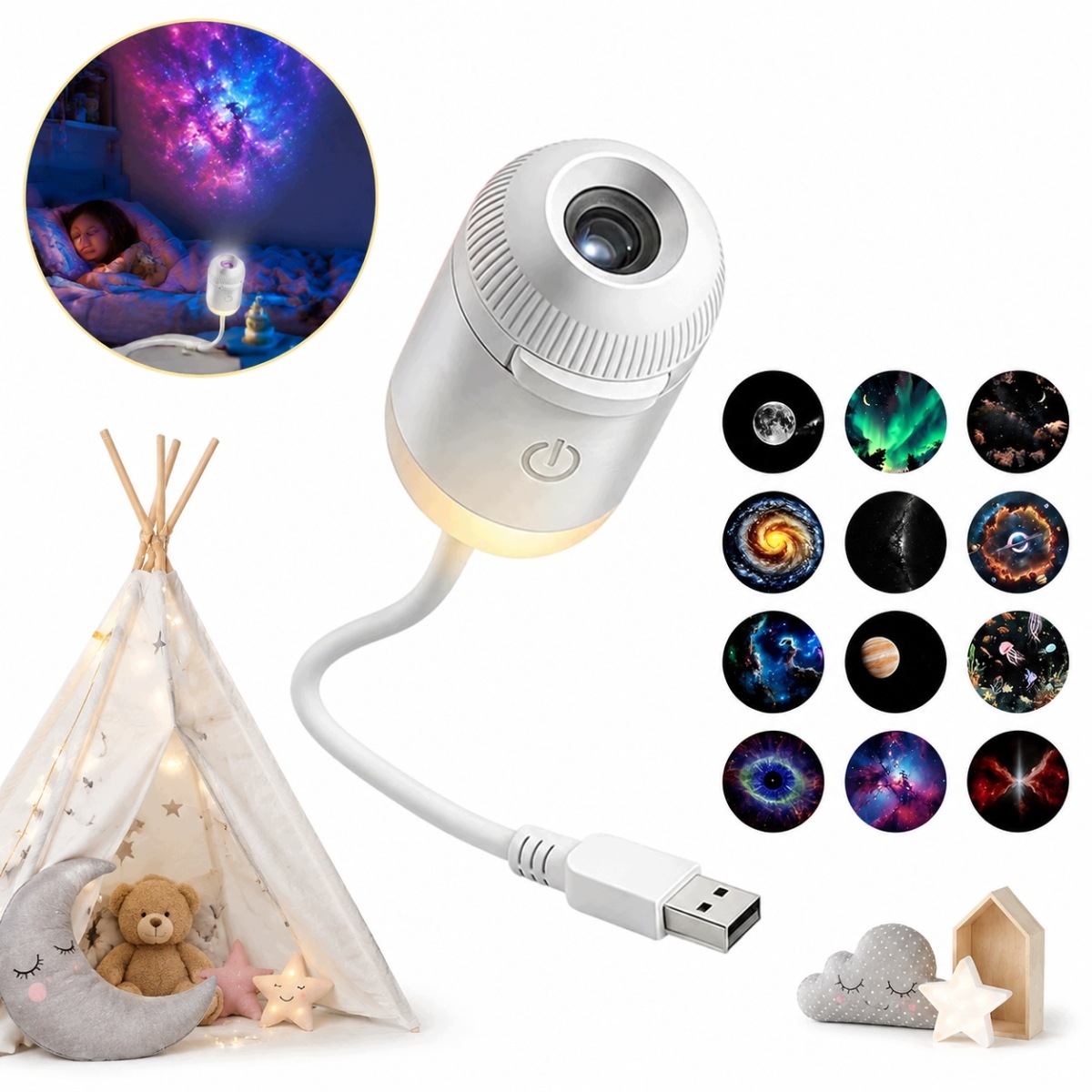 Nowy 2026 Mini Projektor gwiazd lampka nocna 12x dysk planety Usb