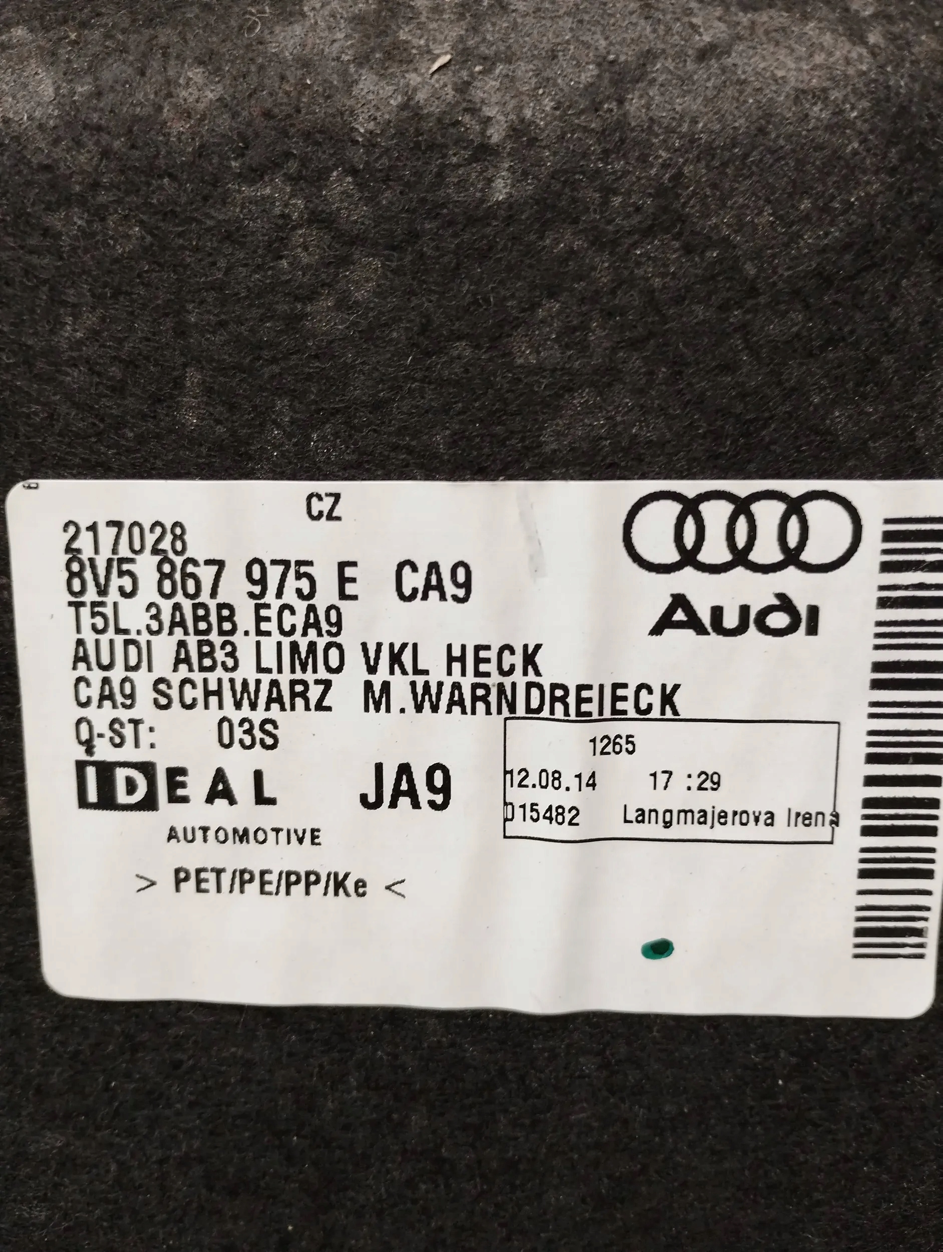 Audi A3 8V sedan upholstery bonnet rear part 8V5867975E